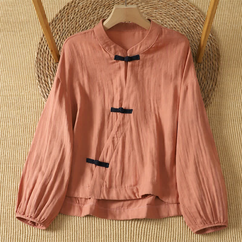 Buddha Stones Spring Summer Vintage Tang Style Frog Button Solid Cotton Linen Women's Long Sleeve Shirts - LightPink - US8-10, UK/AU12-14, EU40-42 (2XL) - image 1