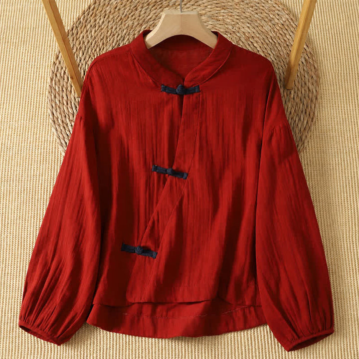Buddha Stones Spring Summer Vintage Tang Style Frog Button Solid Cotton Linen Women's Long Sleeve Shirts - FireBrick - US8-10, UK/AU12-14, EU40-42 (2XL) - image 4