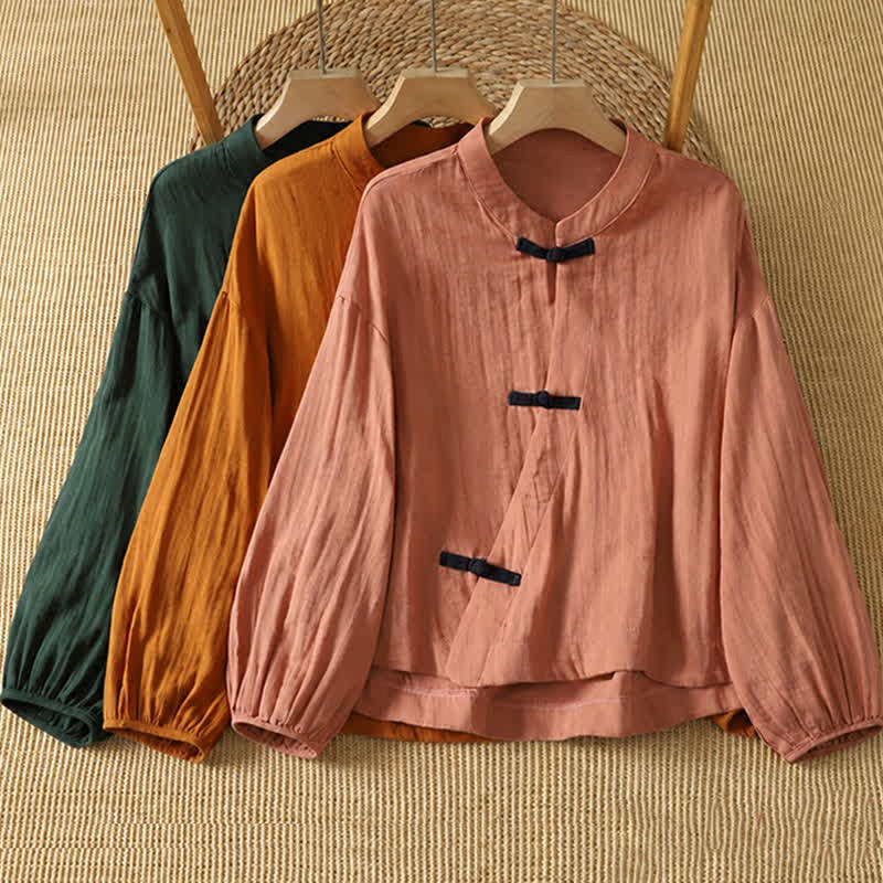 Buddha Stones Spring Summer Vintage Tang Style Frog Button Solid Cotton Linen Women's Long Sleeve Shirts - image 11