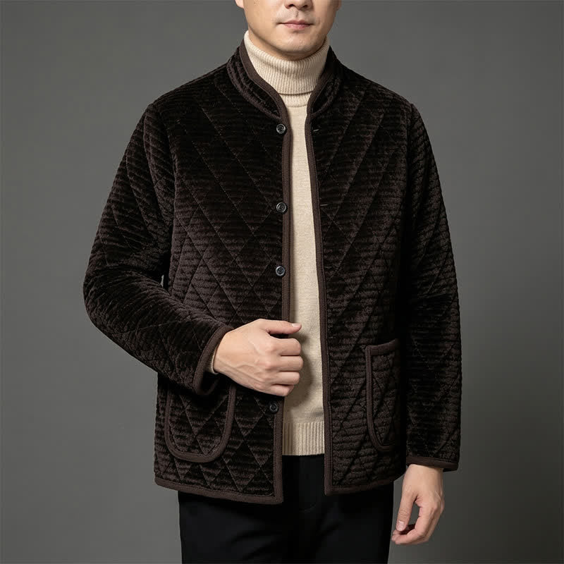 Buddha Stones Fall Winter Basic Classic Rhombus Tang Style Mandarin Collar Solid Corduroy Men's Jacket With Pockets - image 12
