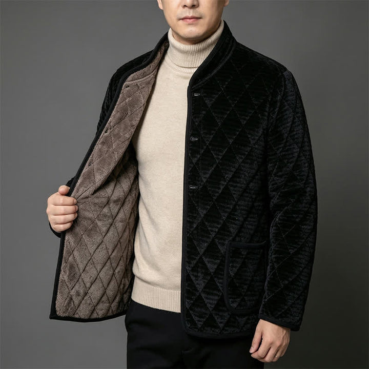 Buddha Stones Fall Winter Basic Classic Rhombus Tang Style Mandarin Collar Solid Corduroy Men's Jacket With Pockets - image 10