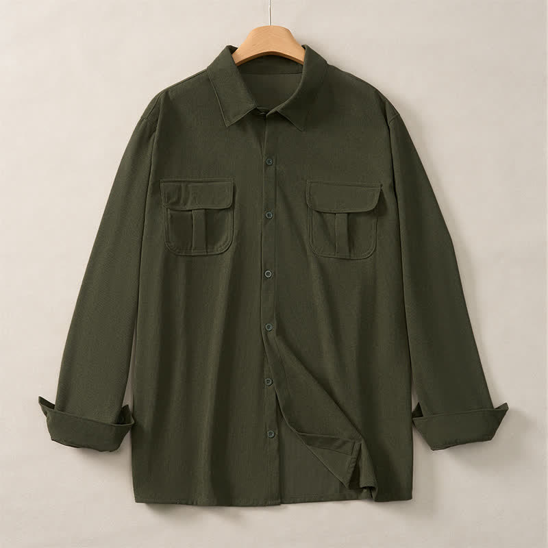 Buddha Stones Spring Casual Simple Solid Corduroy Men's Long Sleeve Shirts With Patch Pockets - image 10