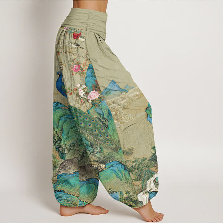 Buddha Stones Cotton Scenic Peacock Flower Pattern Women's Elastic Waist Harem Pants - image 10