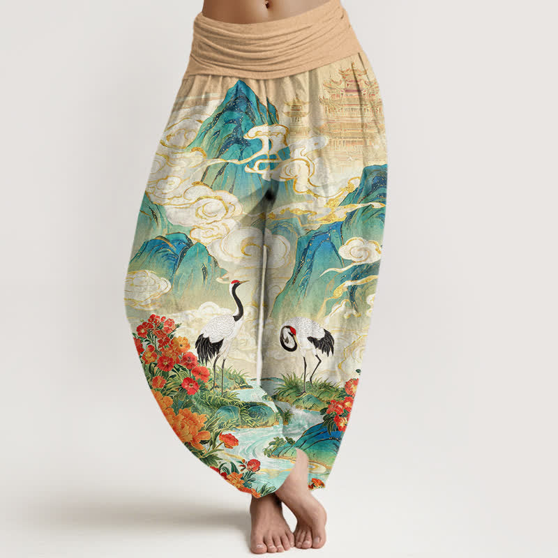 Buddha Stones Cotton Crane Stream Flower Pattern Women's Elastic Waist Harem Pants - Wheat - US16，UK/AU20，EU48 (3XL) - image 0