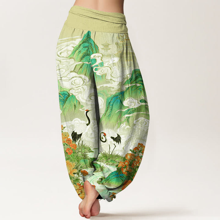 Buddha Stones Cotton Crane Stream Flower Pattern Women's Elastic Waist Harem Pants - image 6