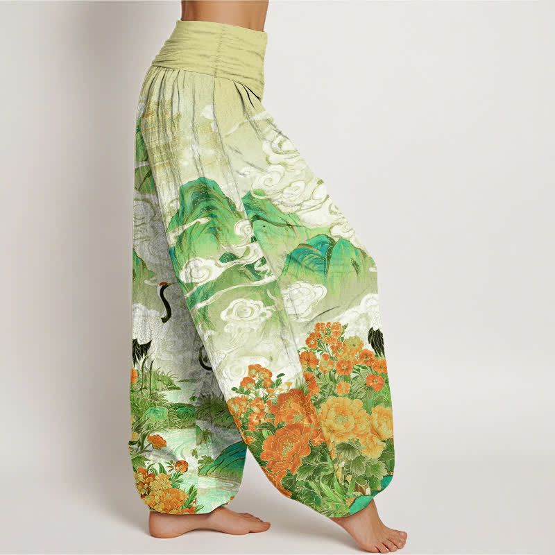 Buddha Stones Cotton Crane Stream Flower Pattern Women's Elastic Waist Harem Pants - image 7