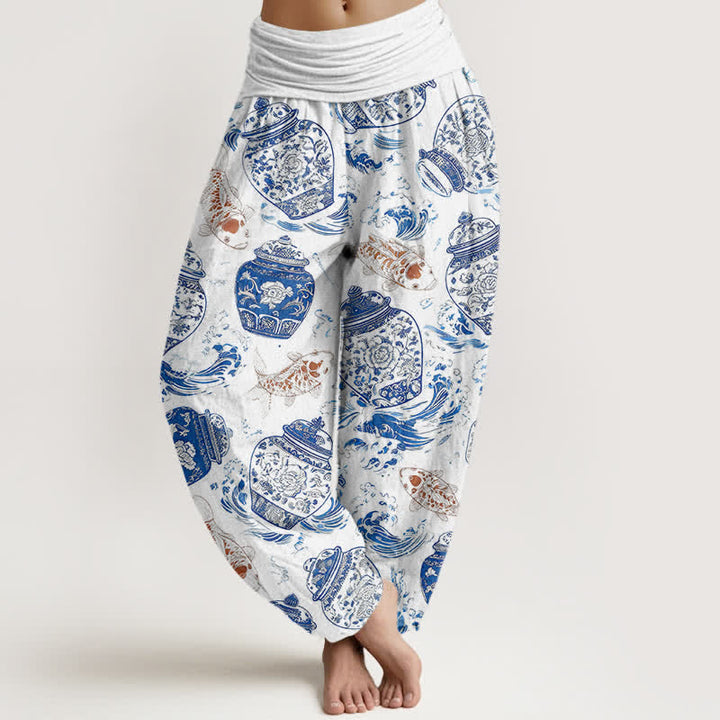 Buddha Stones Cotton Blue White Bottle Floral and Koi Fish Pattern Women's Elastic Waist Harem Pants - White - US16，UK/AU20，EU48 (3XL) - image 0