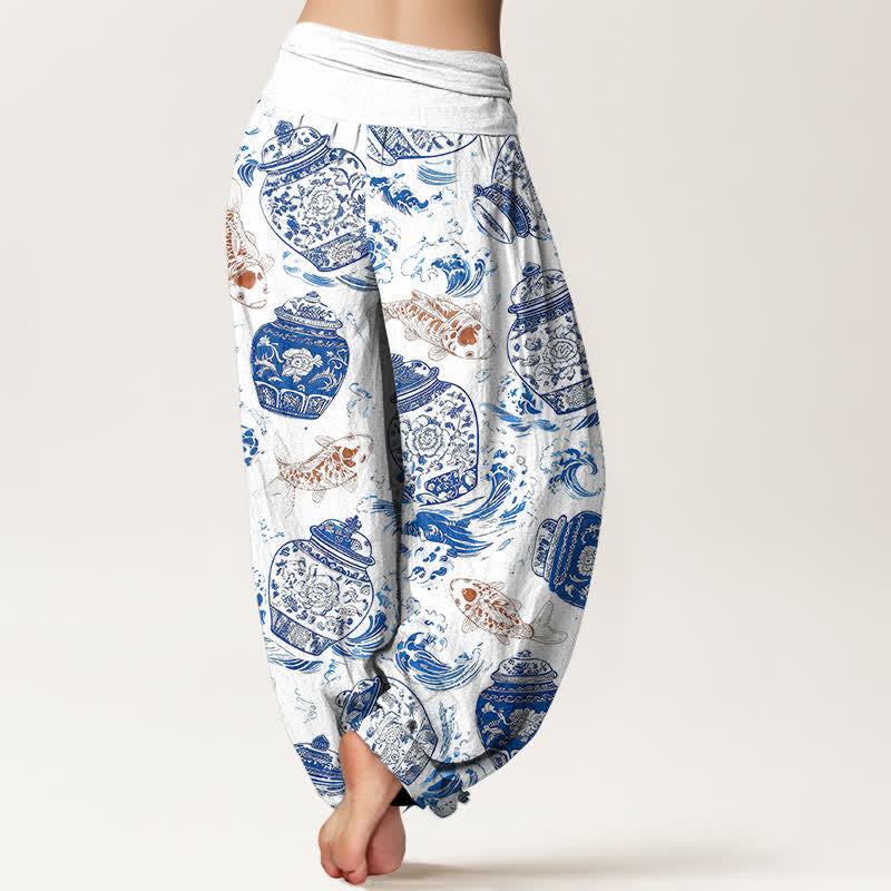 Buddha Stones Cotton Blue White Bottle Floral and Koi Fish Pattern Women's Elastic Waist Harem Pants - image 1