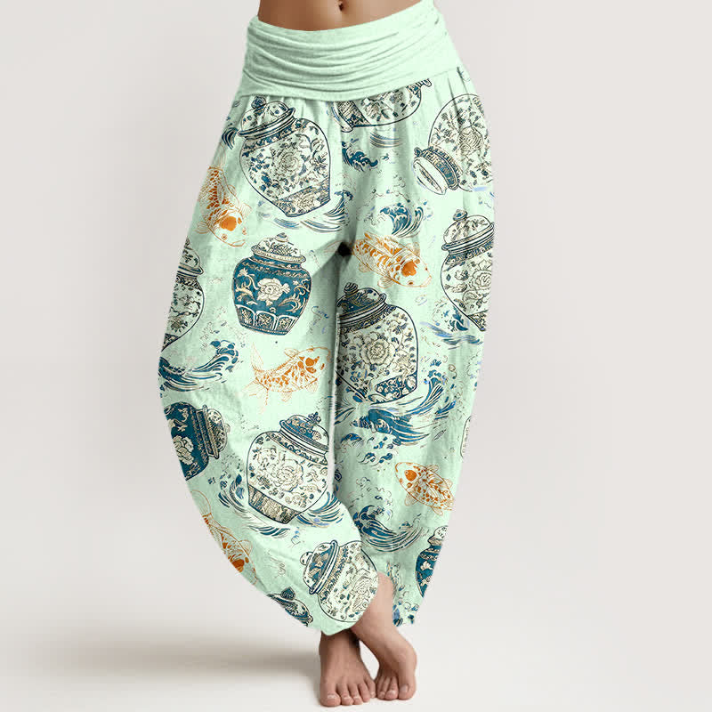 Buddha Stones Cotton Blue White Bottle Floral and Koi Fish Pattern Women's Elastic Waist Harem Pants - Honeydew - US16，UK/AU20，EU48 (3XL) - image 5