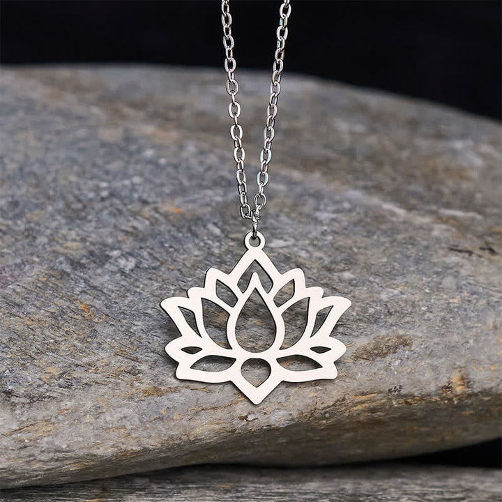 Buddha Stones Titanium Steel Lotus Purity Openwork Pendant Necklace - Silver - image 0