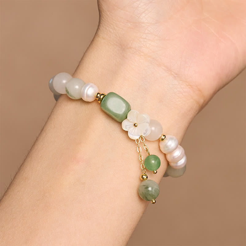 Buddha Stones Freshwater Pearl Green Agate Flower Charm Purity Elastic Bracelet - image 8