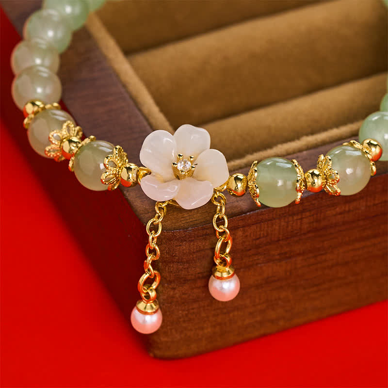 Buddha Stones Copper Hetian Jade Inspired Luck Flower Pearl Charm Bracelet - image 8