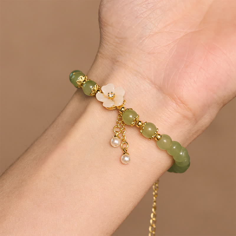 Buddha Stones Copper Hetian Jade Inspired Luck Flower Pearl Charm Bracelet - image 7