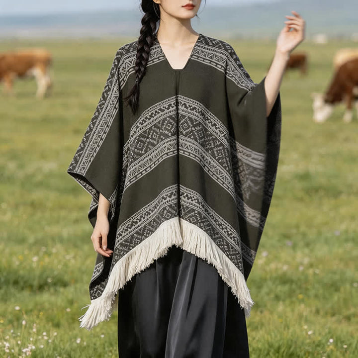 Buddha Stones Fall Winter Boho Geometric Stripe Tassel Women's Shawl - DarkOliveGreen - 150*136 - image 5