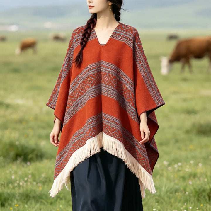 Buddha Stones Fall Winter Boho Geometric Stripe Tassel Women's Shawl - DarkOrange - 150*136 - image 9