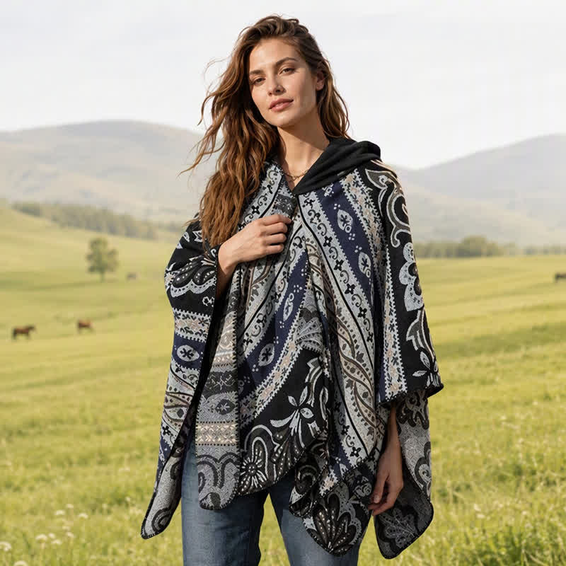 Buddha Stones Fall Winter Hooded Paisley Geometric Boho Women's Shawl - Blue Gray - 135*150CM - image 6