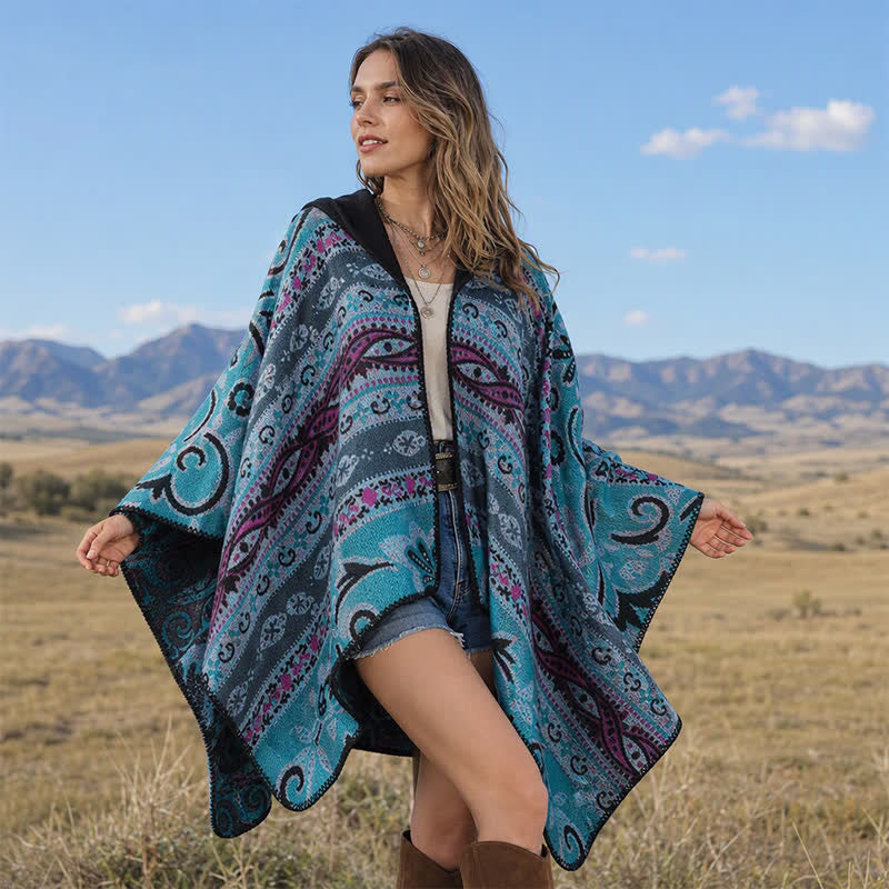 Buddha Stones Fall Winter Hooded Paisley Geometric Boho Women's Shawl - Navy Blue - 135*150CM - image 11