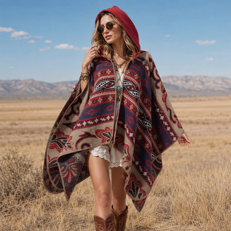Buddha Stones Fall Winter Hooded Paisley Geometric Boho Women's Shawl - Red Khaki - 135*150CM - image 22