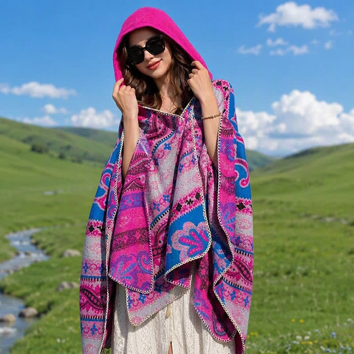 Buddha Stones Fall Winter Hooded Paisley Geometric Boho Women's Shawl - Rose Red - 135*150CM - image 25
