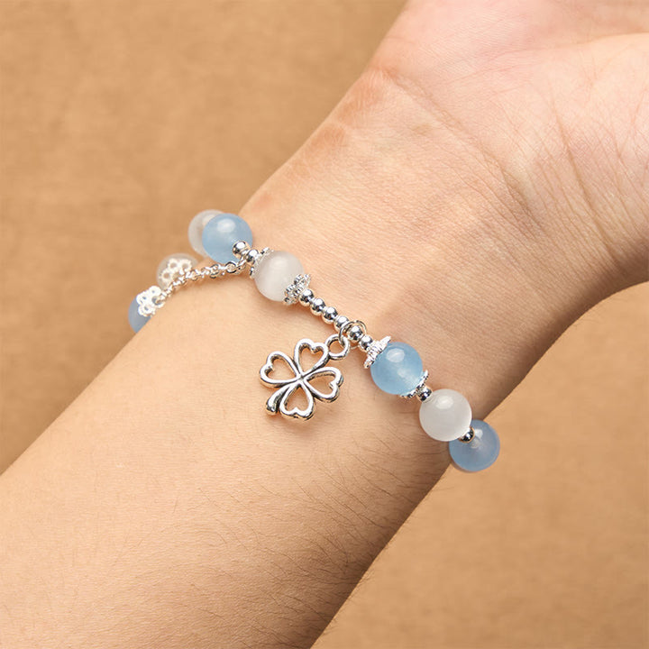 Buddha Stones Aquamarine Cat's Eye Heart-shaped Four-leaf Clover Healing Bracelet - image 4