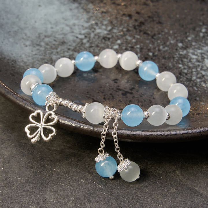 Buddha Stones Aquamarine Cat's Eye Heart-shaped Four-leaf Clover Healing Bracelet - image 2