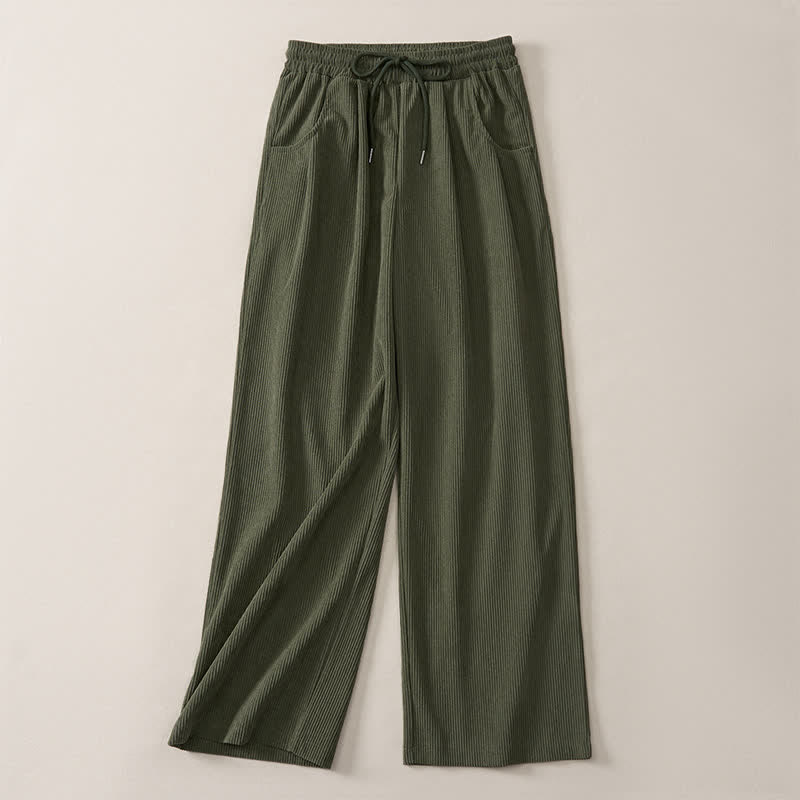 Buddha Stones Fall Winter Casual Minimalist Drawstring Solid Long Pants Corduroy Women's Straight Leg Pants With Pockets - image 4