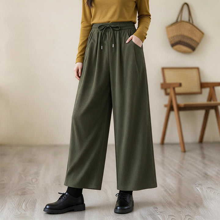 Buddha Stones Fall Winter Casual Minimalist Drawstring Solid Long Pants Corduroy Women's Straight Leg Pants With Pockets - image 2