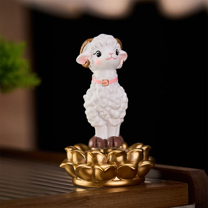 Buddha Stones Resin Lucky Cartoon Sheep Cloud Base Rotating Cute Animal Decor - White Approx. 6 × 6 × 9.3 cm - image 0