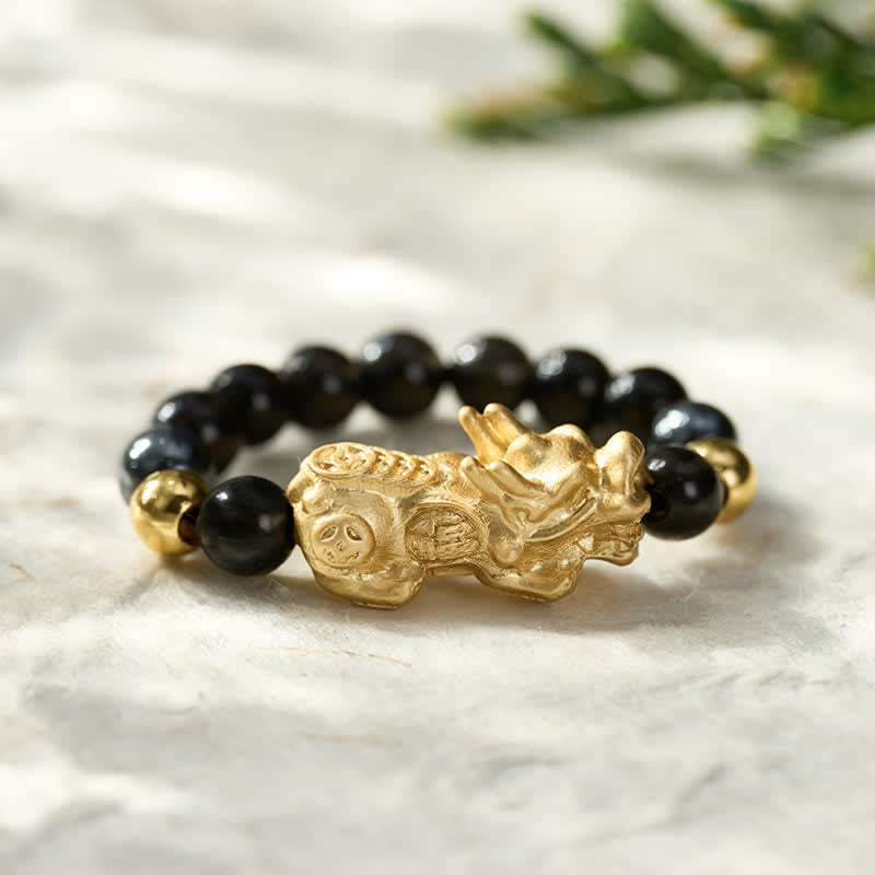 Buddha Stones Black Obsidian Pyrite Hematite Copper Pi Xiu Mini Stretch Beaded Ring for Wealth and Energy - image 15