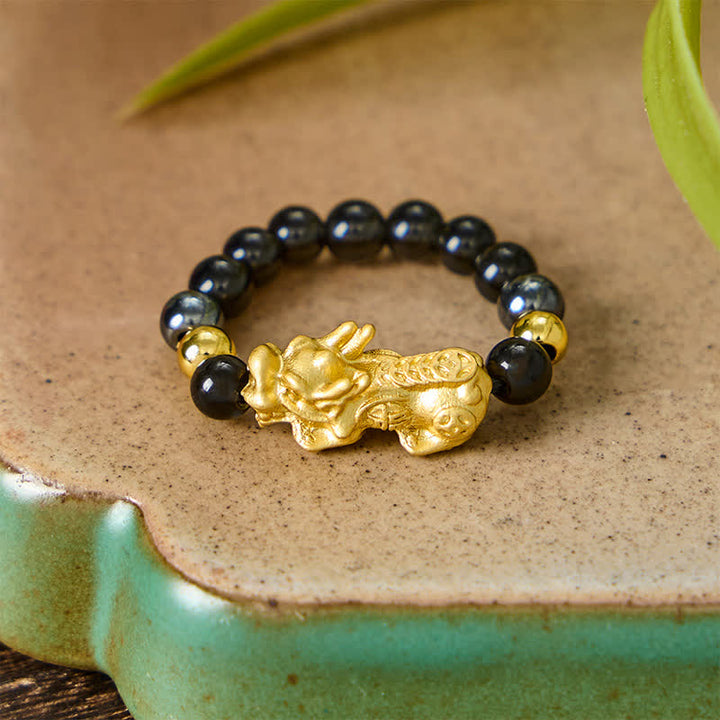 Buddha Stones Black Obsidian Pyrite Hematite Copper Pi Xiu Mini Stretch Beaded Ring for Wealth and Energy - image 19