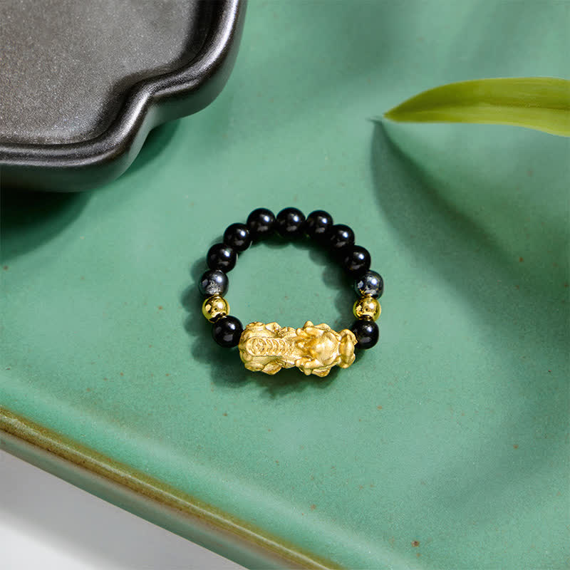Buddha Stones Black Obsidian Pyrite Hematite Copper Pi Xiu Mini Stretch Beaded Ring for Wealth and Energy - image 20