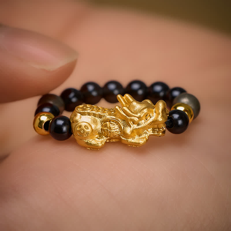 Buddha Stones Black Obsidian Pyrite Hematite Copper Pi Xiu Mini Stretch Beaded Ring for Wealth and Energy - image 13