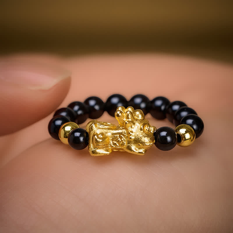 Buddha Stones Black Obsidian Copper Pi Xiu Mini Stretch Beaded Ring for Healing and Energy - image 9