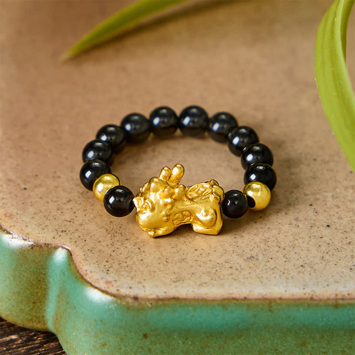 Buddha Stones Black Obsidian Copper Pi Xiu Mini Stretch Beaded Ring for Healing and Energy - image 3