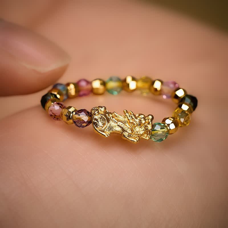 Buddha Stones Multicolor Faceted Copper Pi Xiu Mini Stretch Beaded Ring for Wealth and Energy - image 2