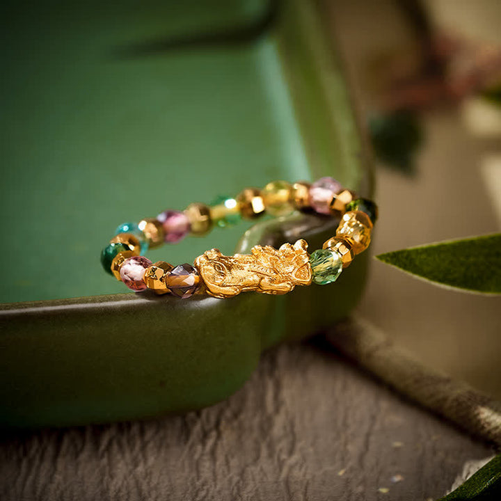 Buddha Stones Multicolor Faceted Copper Pi Xiu Mini Stretch Beaded Ring for Wealth and Energy - image 1