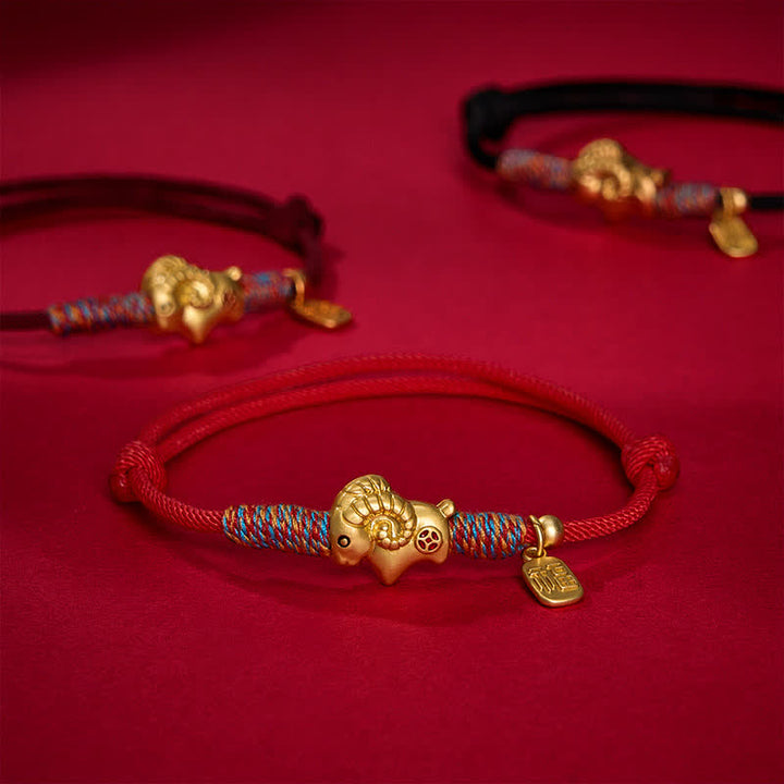 Buddha Stones Year of the Goat Copper Cute Sheep Lamb Fu Character Coins Red String Luck Bracelet - image 3