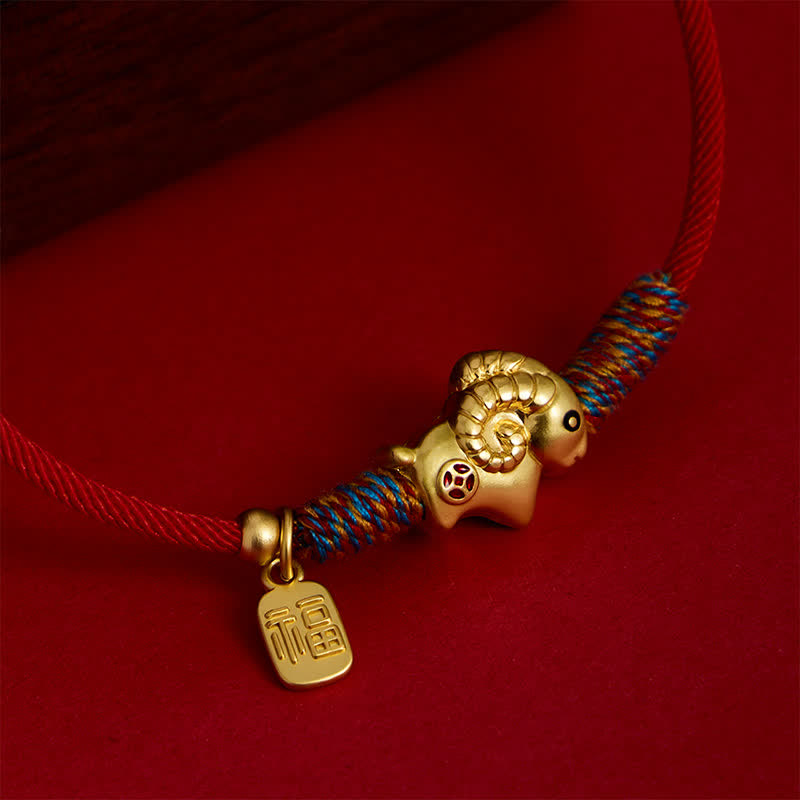 Buddha Stones Year of the Goat Copper Cute Sheep Lamb Fu Character Coins Red String Luck Bracelet - image 2