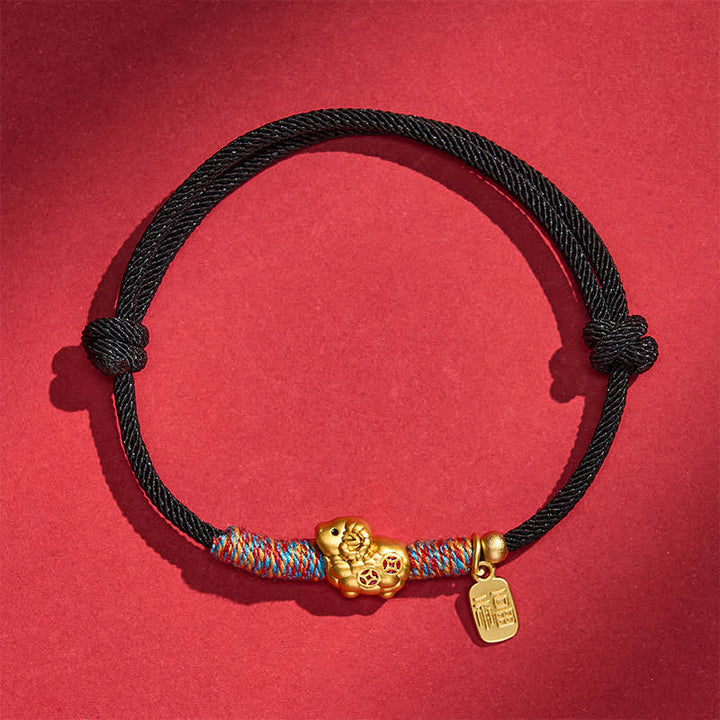 Buddha Stones Year of the Goat Copper Cute Sheep Lamb Fu Character Coins Red String Luck Bracelet - Two Copper Coins - Black - image 26