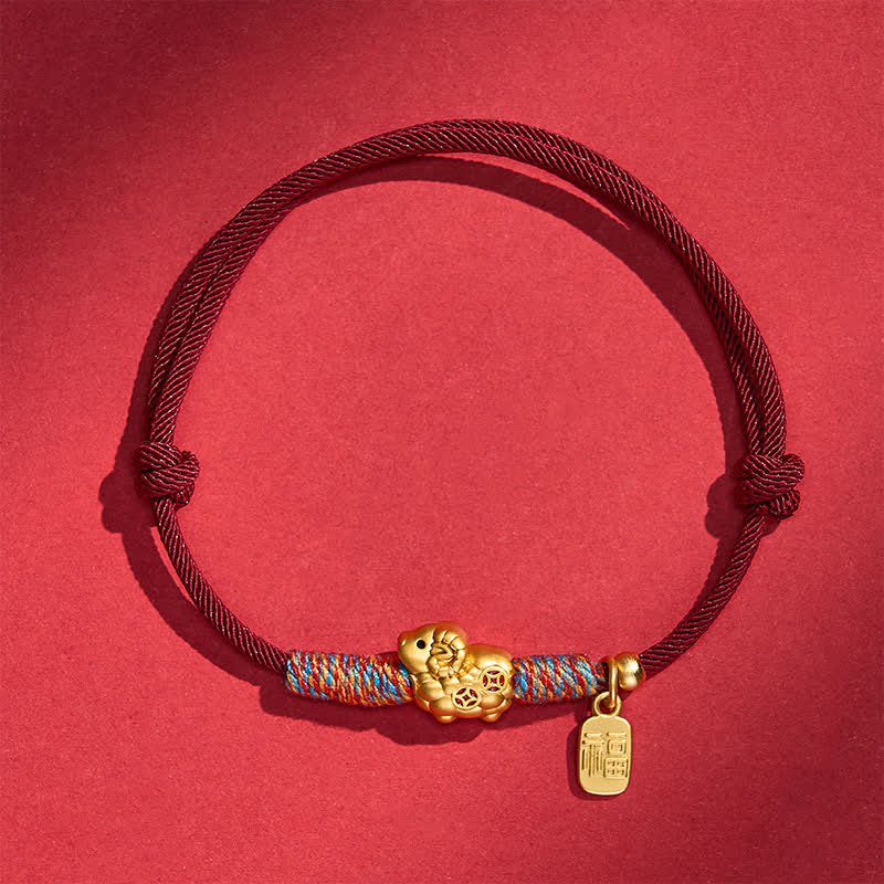 Buddha Stones Year of the Goat Copper Cute Sheep Lamb Fu Character Coins Red String Luck Bracelet - Two Copper Coins - Dark Red - image 23