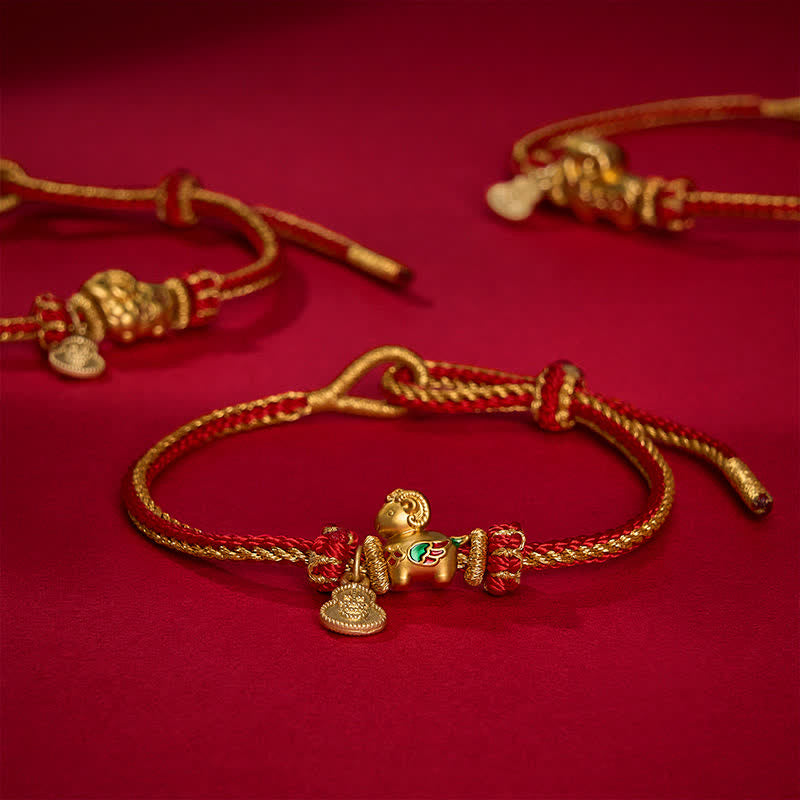 Buddha Stones Year of the Goat Copper Cute Sheep Lamb Gourd Red String Strength Bracelet - image 1