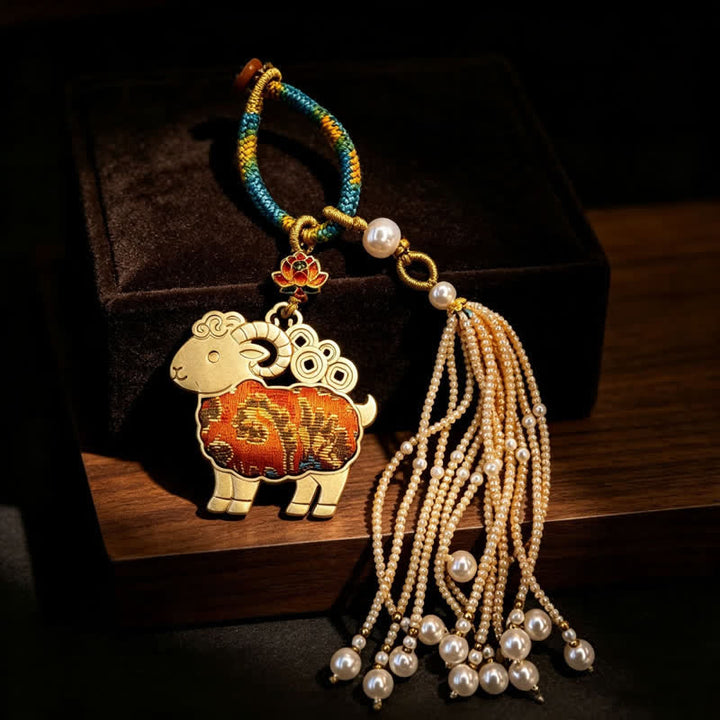 Buddha Stones Song Brocade Lotus Goat Pearl Tassel  Purity Keychains - Orange - image 8