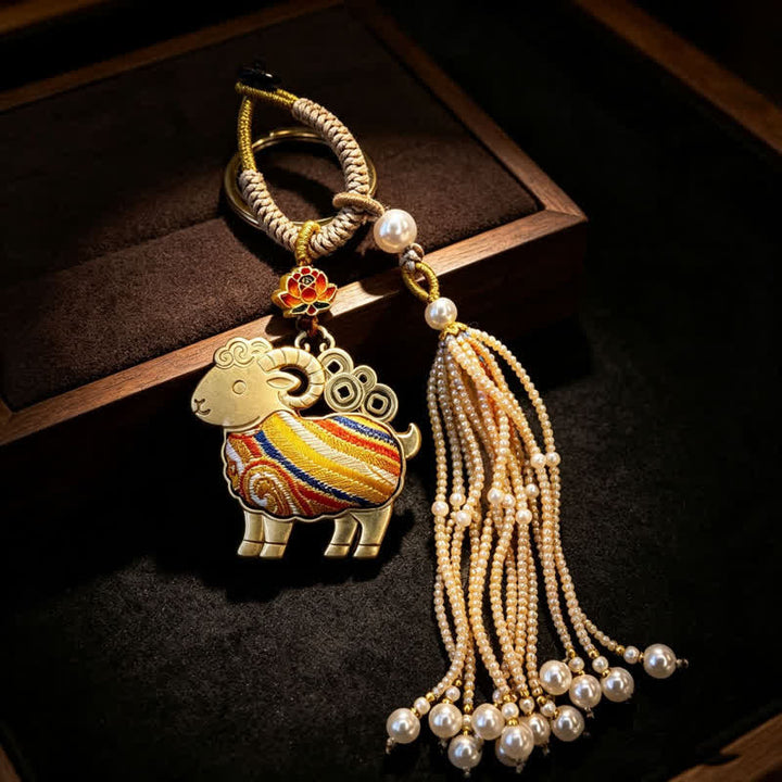 Buddha Stones Song Brocade Lotus Goat Pearl Tassel  Purity Keychains - Yellow - image 7
