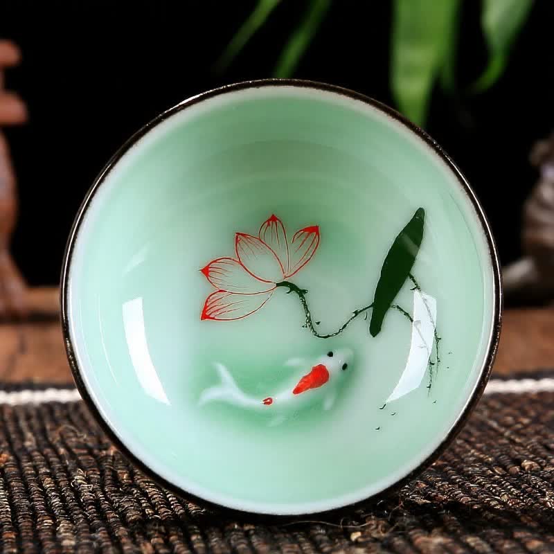 Buddha Stones Hand-Painted Koi Fish Lotus Ceramic Prosperity Tea Cup - Blooming Lotus - image 0