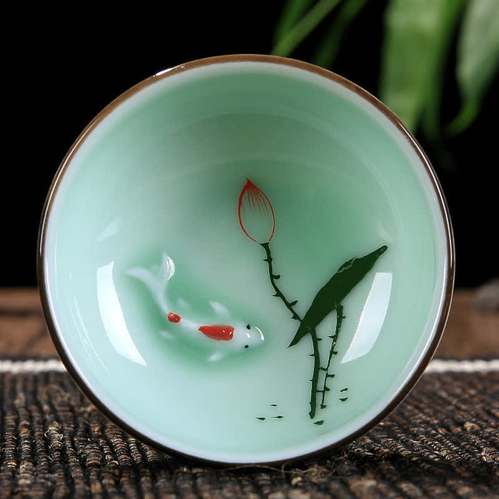 Buddha Stones Hand-Painted Koi Fish Lotus Ceramic Prosperity Tea Cup - One Lotus - image 3