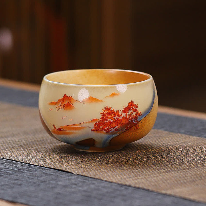 Buddha Stones Vintage Lotus Landscape Ceramic Enlightenment Tea Cup - Mountain - image 1