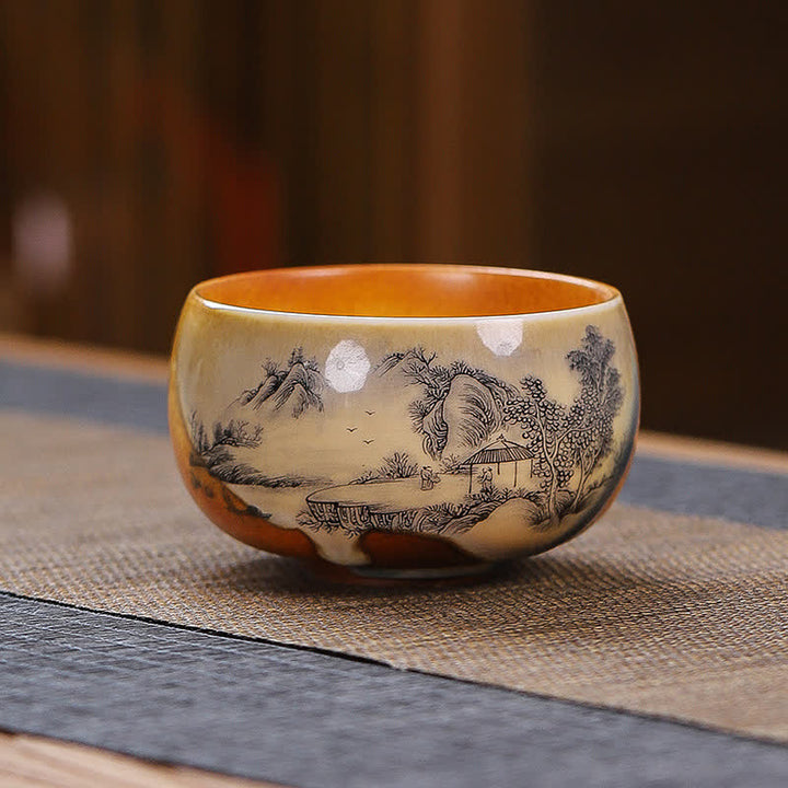 Buddha Stones Vintage Lotus Landscape Ceramic Enlightenment Tea Cup - Pavilion - image 3