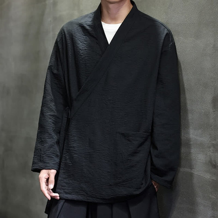 Buddha Stones Spring Tang Style Minimalist Drawstring Solid Men's Kimono With Pocket - image 19