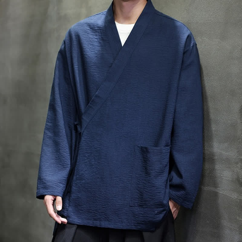 Buddha Stones Spring Tang Style Minimalist Drawstring Solid Men's Kimono With Pocket - image 11