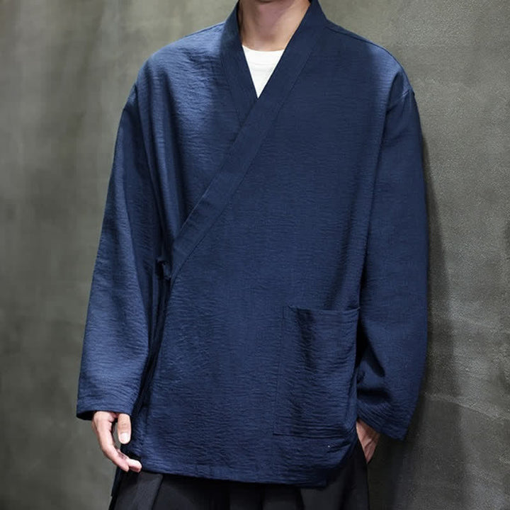 Buddha Stones Spring Tang Style Minimalist Drawstring Solid Men's Kimono With Pocket - image 11